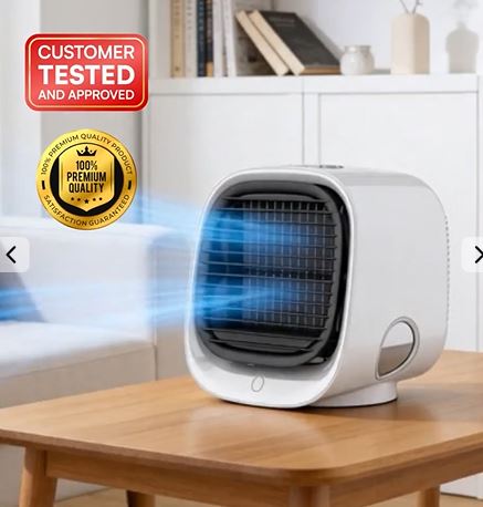 Ventless Portable AC personal air cooler on a wooden table